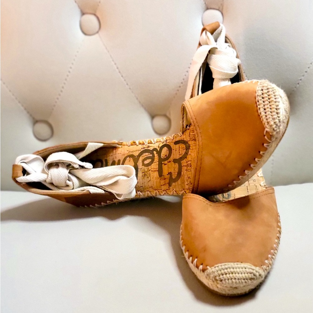 Sam Edelman 9.5 US Patsy Espadrille Wedge Brown Leather Coastal Boho Lace Up